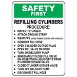 Safety first refilling cylinders procedure sign with PPE and fill instructions