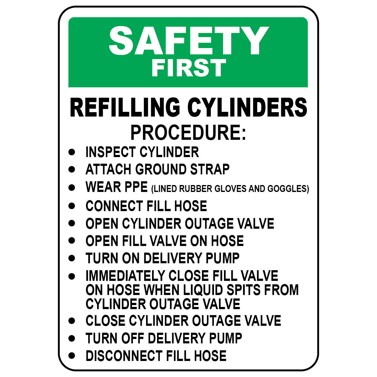 Safety first refilling cylinders procedure sign with PPE and fill instructions