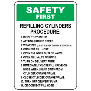 Safety first refilling cylinders procedure sign with PPE instructions