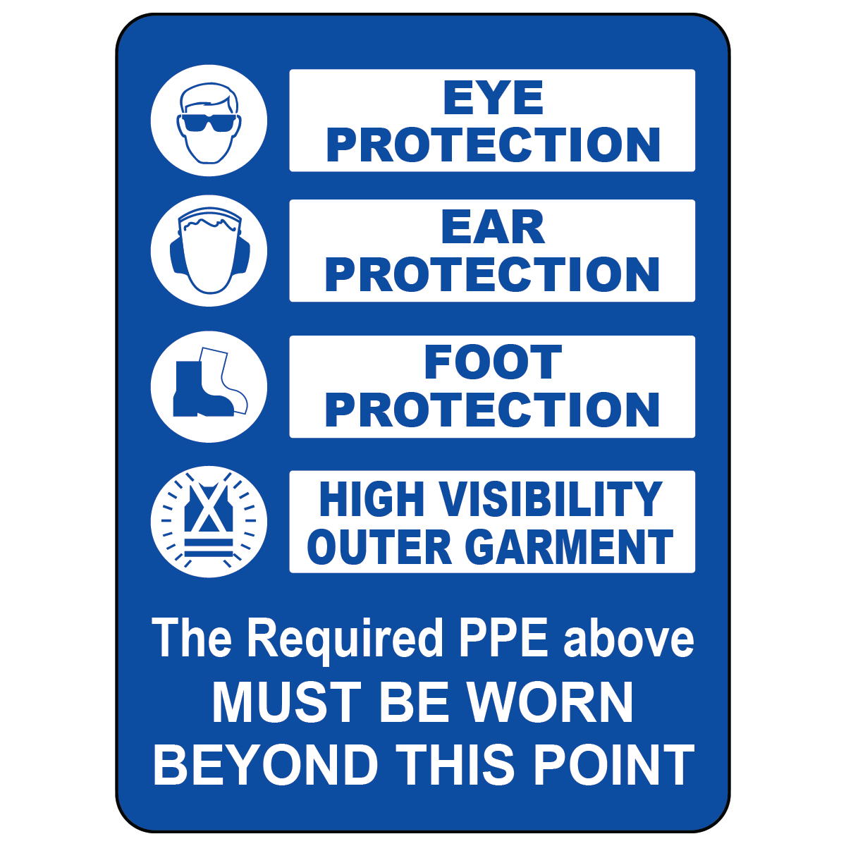 Mandatory PPE safety sign with eye ear foot and hi-vis garment requirements