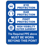 Mandatory PPE safety sign with eye ear foot and hi-vis garment requirements