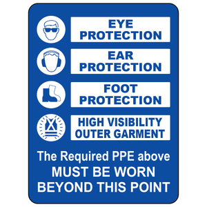 Mandatory PPE safety sign with eye ear foot and hi-vis garment requirements