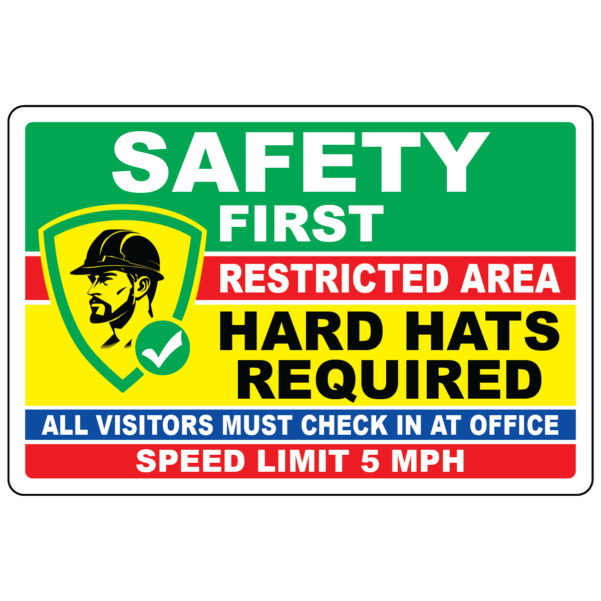 Construction restricted area banner with hard hat required and speed limit rules