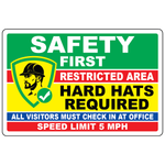 Construction restricted area banner with hard hat required and speed limit rules