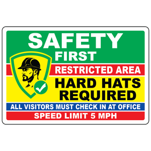 Construction restricted area banner with hard hat required and speed limit rules