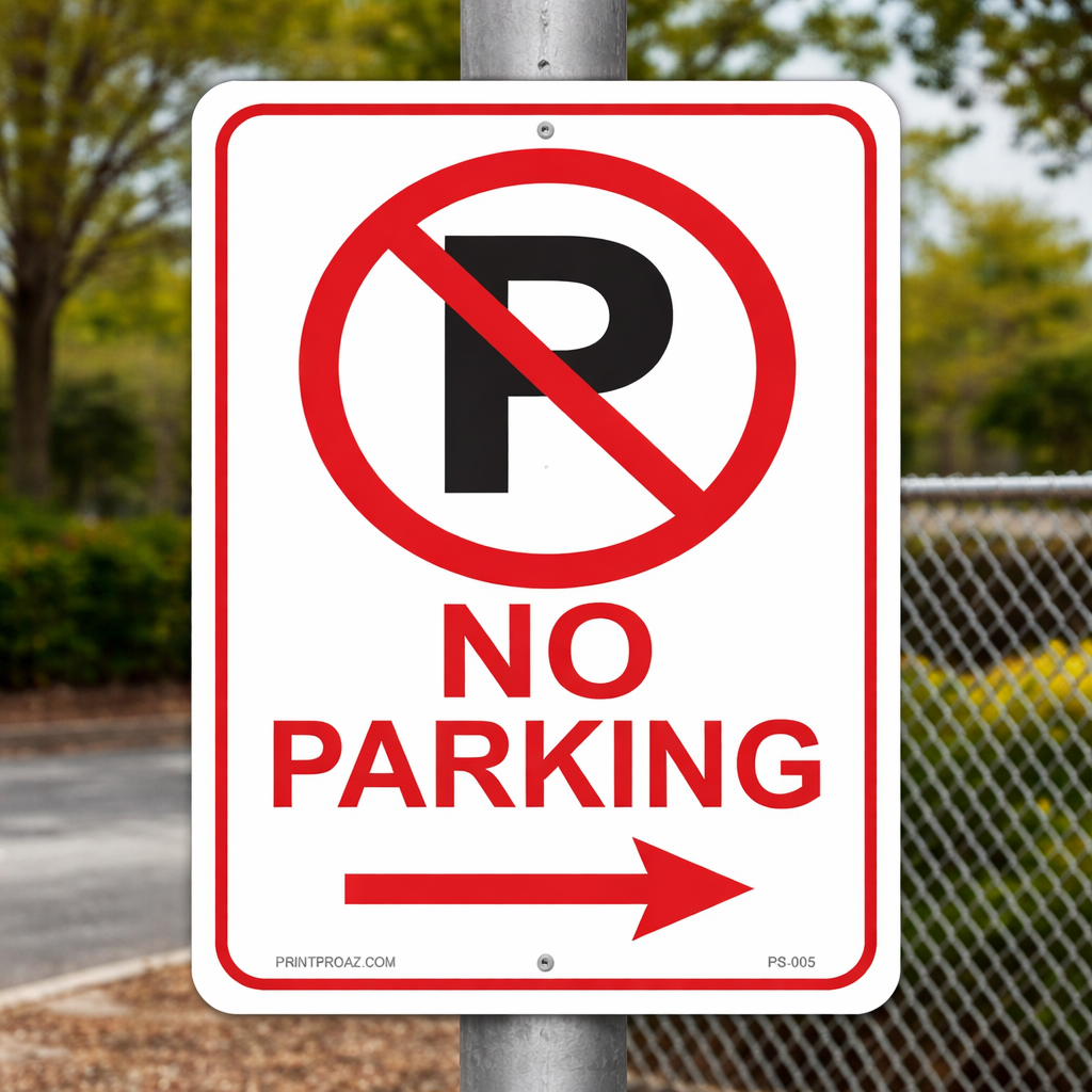 Aluminum No Parking sign with right arrow