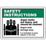 Safety instructions sign for argon tanks with chained cylinders graphic and storage rules
