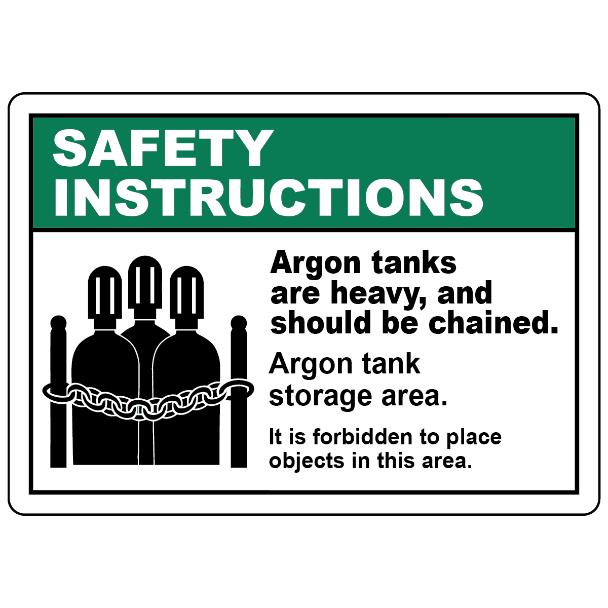 Safety instructions sign for argon tanks with chained cylinders graphic and storage rules