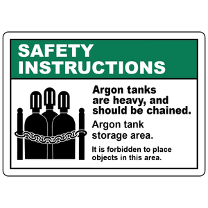 Safety instructions sign for argon tanks with chained cylinders graphic and storage rules