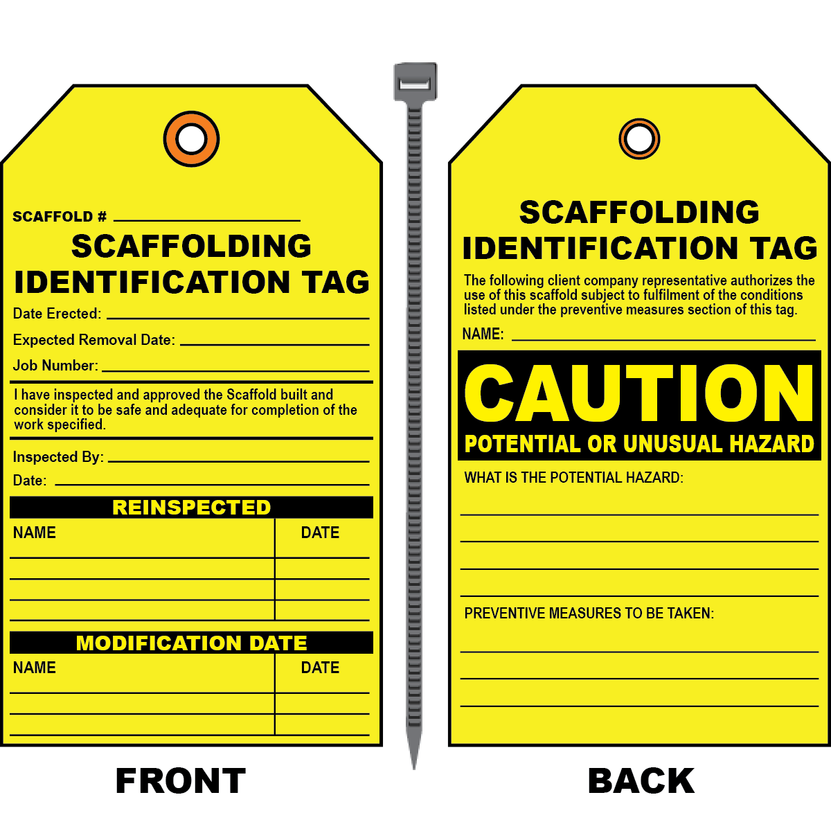 Scaffold hazard inspection tag double sided OSHA vinyl grommet tie