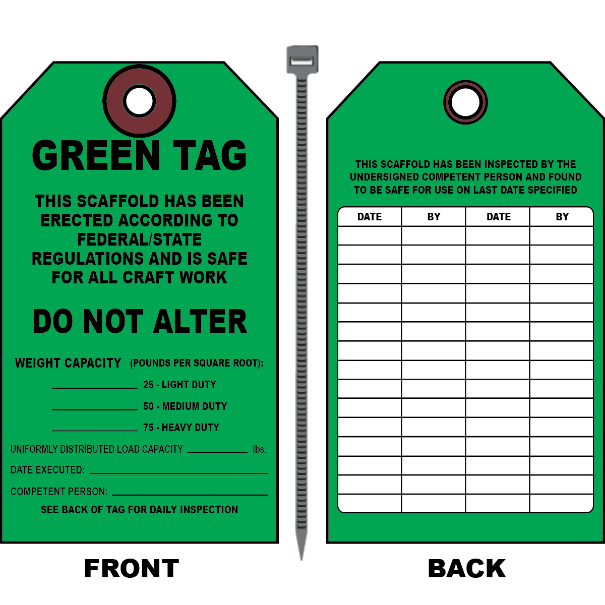 Scaffold inspection green tag with load capacity and approval fields