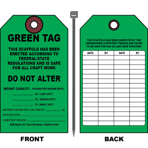 Scaffold inspection green tag with load capacity and approval fields