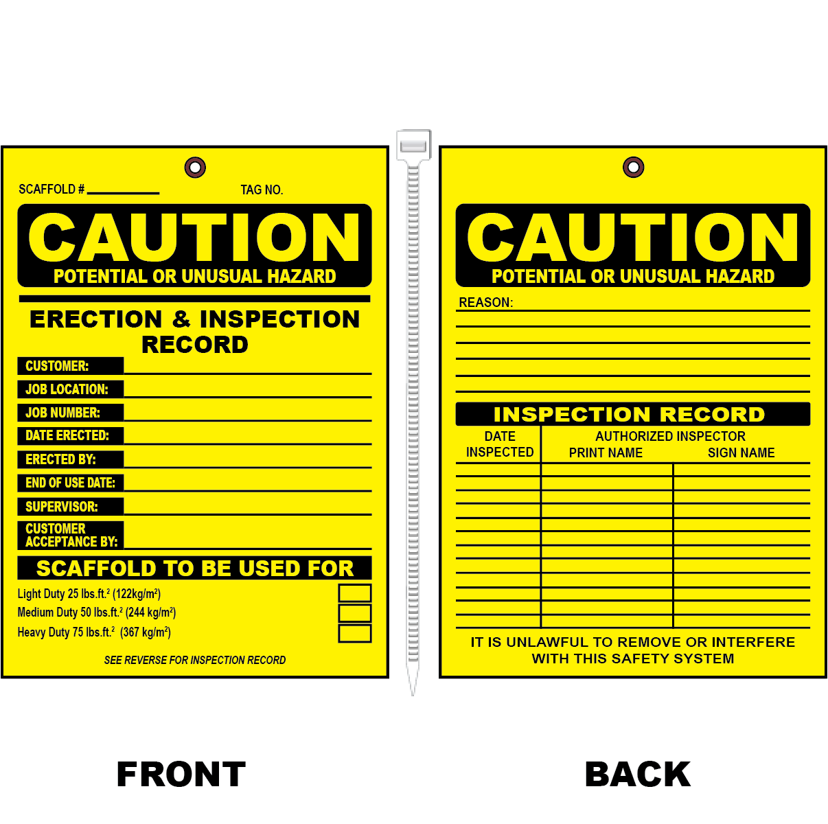 Double-sided scaffold erection and inspection record tag with OSHA fields