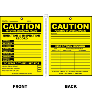 Double-sided scaffold erection and inspection record tag with OSHA fields
