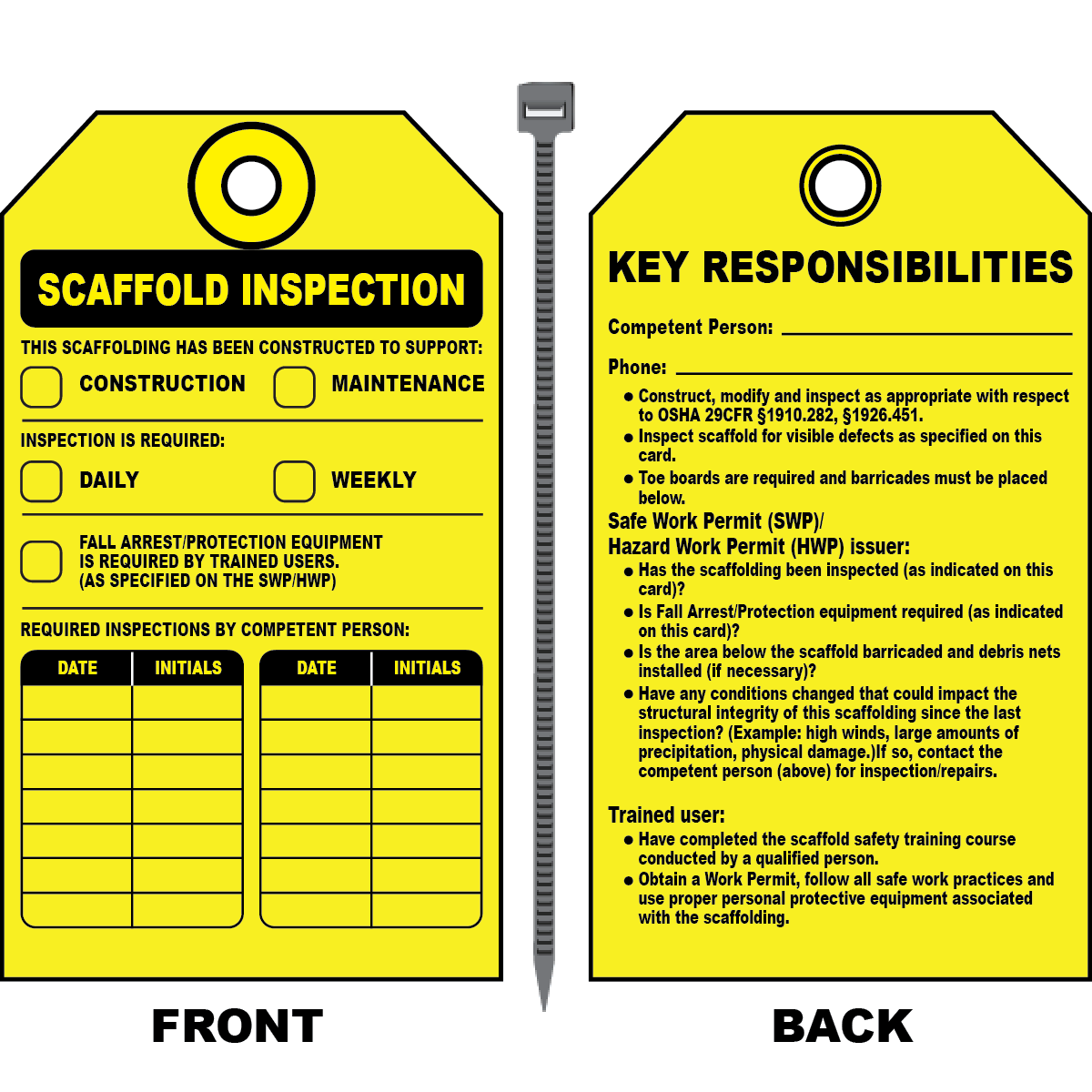 Double-sided scaffold inspection tag with safety and inspection records
