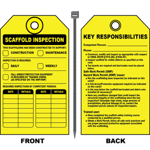 Double-sided scaffold inspection tag with safety and inspection records