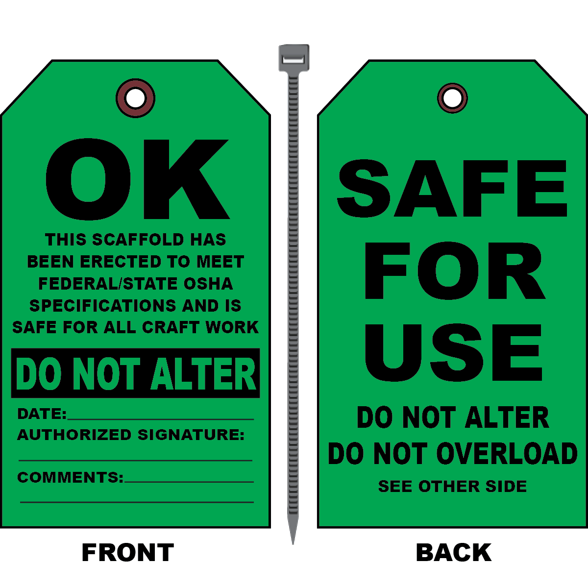Scaffold safe for use tag with do not alter and do not overload notice