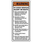 Warning serious injury polyester safety label for heavy equipment