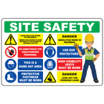 Construction work in progress banner with PPE and demolition hazard warnings