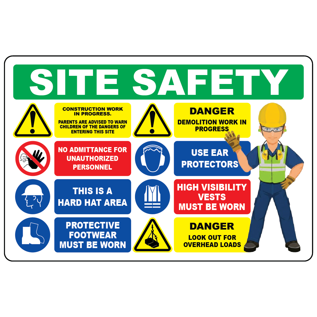 Construction work in progress banner with PPE and demolition hazard warnings