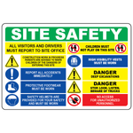 Construction site safety banner with PPE rules hazard warnings and safety symbols
