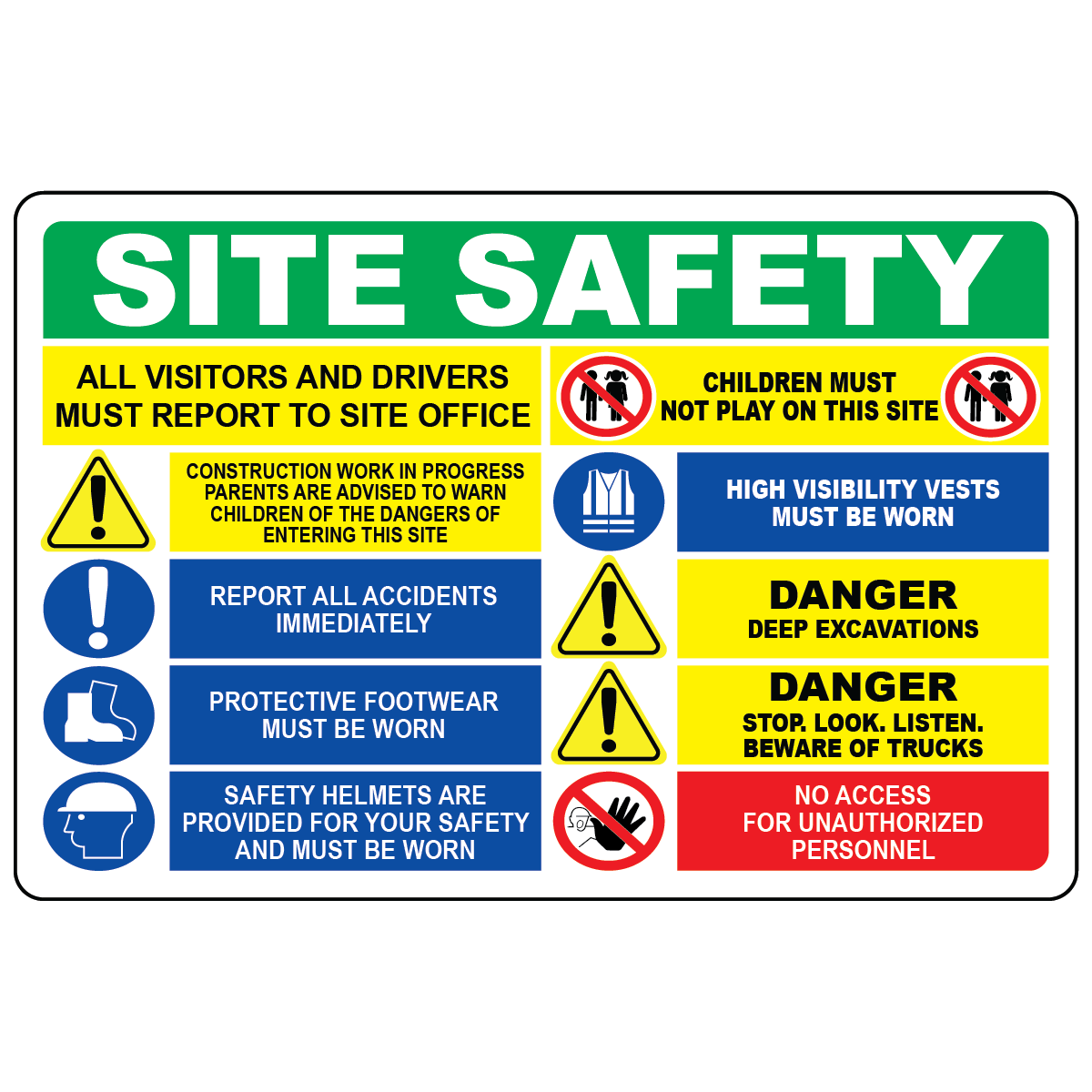 Construction site safety banner with PPE rules hazard warnings and safety symbols