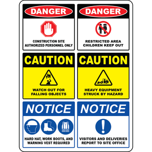 Construction site multi message hazard safety sign