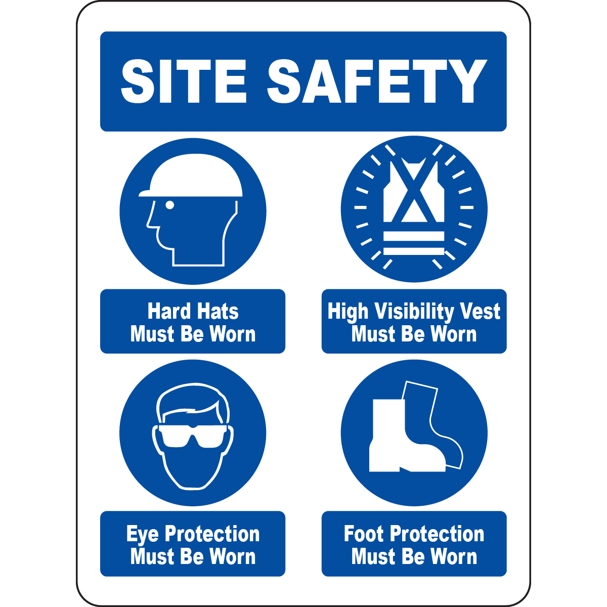 Site safety hard hat vest eye foot PPE sign