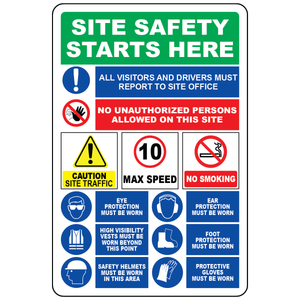 Construction safety banner with PPE symbols speed limit and hazard warnings