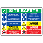 Construction safety banner with visitor reporting PPE and hazard warning symbols