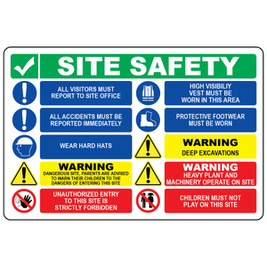 Construction safety banner with visitor reporting PPE and hazard warning symbols