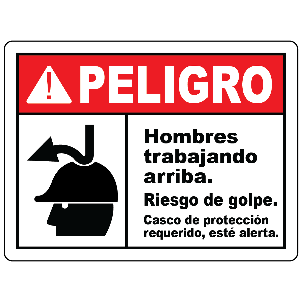Spanish men working above impact hazard hard hat required sign