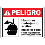 Spanish men working above impact hazard hard hat required sign