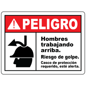Spanish men working above impact hazard hard hat required sign