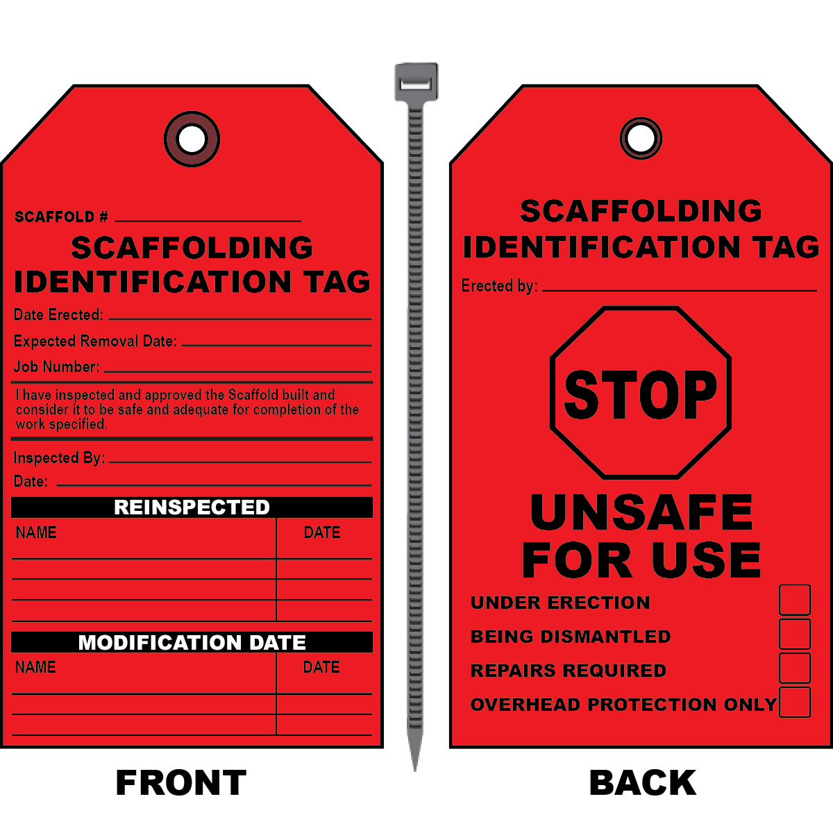 Stop unsafe for use scaffold inspection tag with stop sign symbol