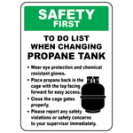 Safety checklist sign for changing propane tanks with propane tank symbol