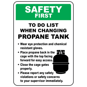 Safety checklist sign for changing propane tanks with propane tank symbol