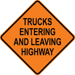 Trucks entering and leaving highway traffic warning sign for roadway safety areas