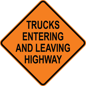 Trucks entering and leaving highway traffic warning sign for roadway safety areas
