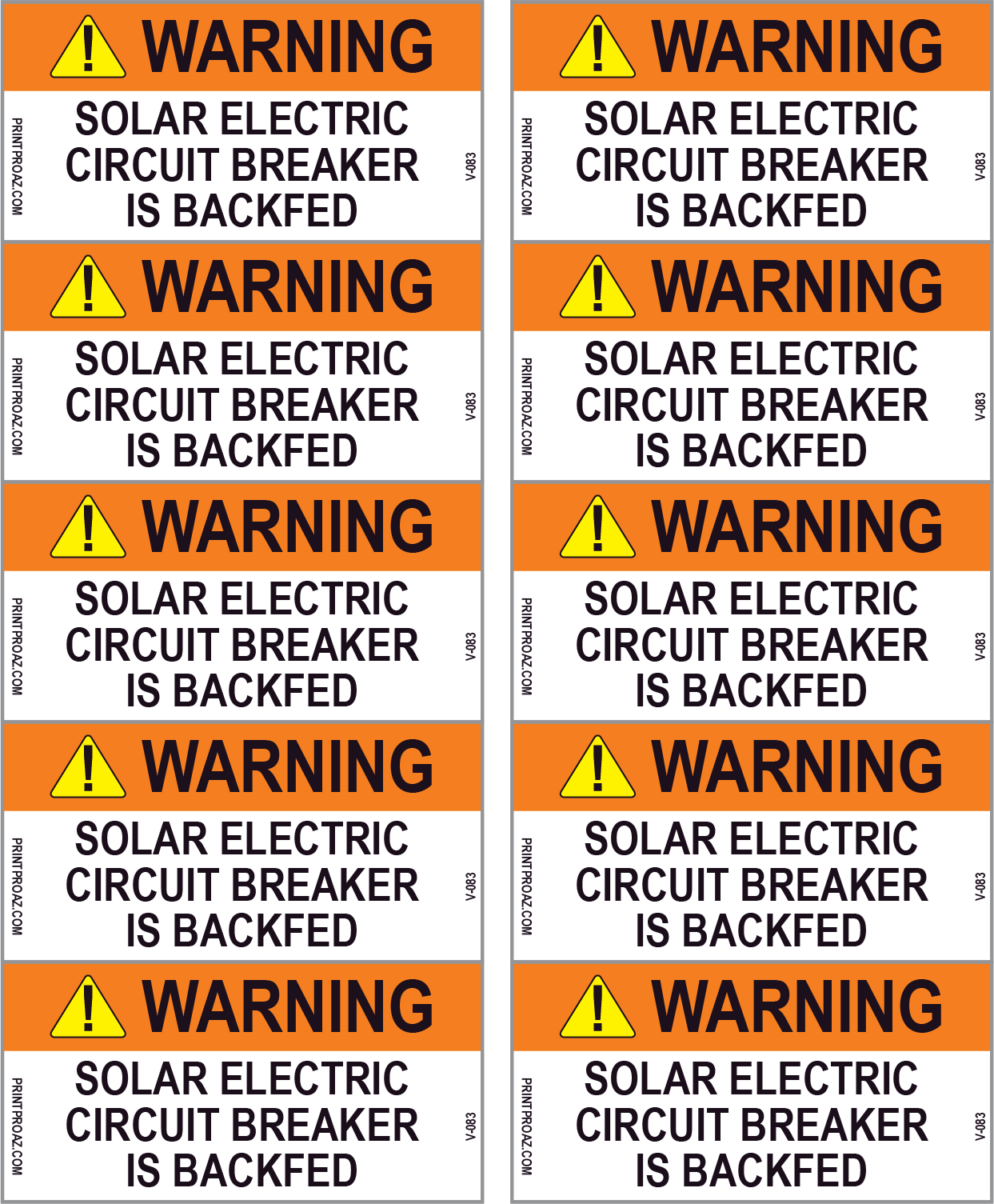 1x2 Warning Solar Electric Circuit Breaker is Backfed V-083 Decal (Sheet of 10)