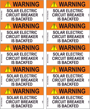 1x2 Warning Solar Electric Circuit Breaker is Backfed V-083 Decal (Sheet of 10)