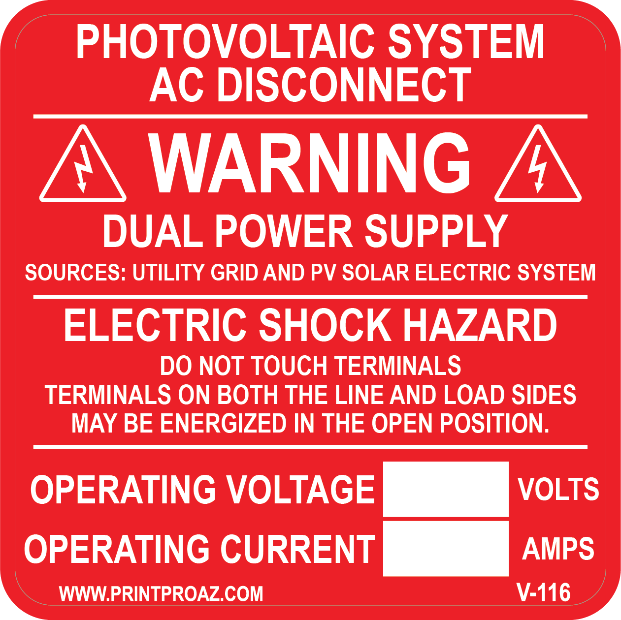 4x4 Photovoltaic System AC Disconnect V-116 Decal