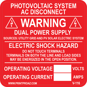 4x4 Photovoltaic System AC Disconnect V-116 Decal