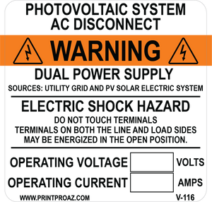 4x4 Photovoltaic System AC Disconnect V-116 Decal