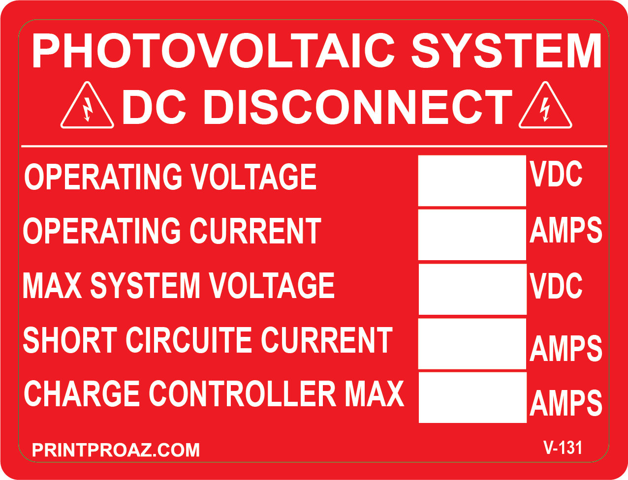 3X4 PHOTOVOLTAIC SYSTEM DC DISCONNECT Vinyl V-131 Decal