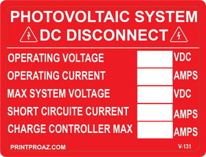 3X4 PHOTOVOLTAIC SYSTEM DC DISCONNECT Vinyl V-131 Decal