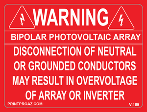 3X4 WARNING BIPOLAR PHOTOVOLTAIC ARRAY Vinyl V-1 59 Decal