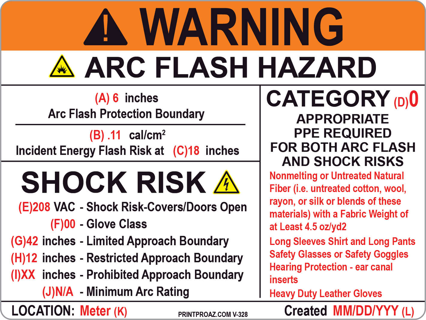 Warning Arc Flash Hazard Label Vinyl V-327-331 Decal