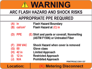 Warning Arc Flash Hazard and Shock Risks Label Vinyl V-337-339 Decal