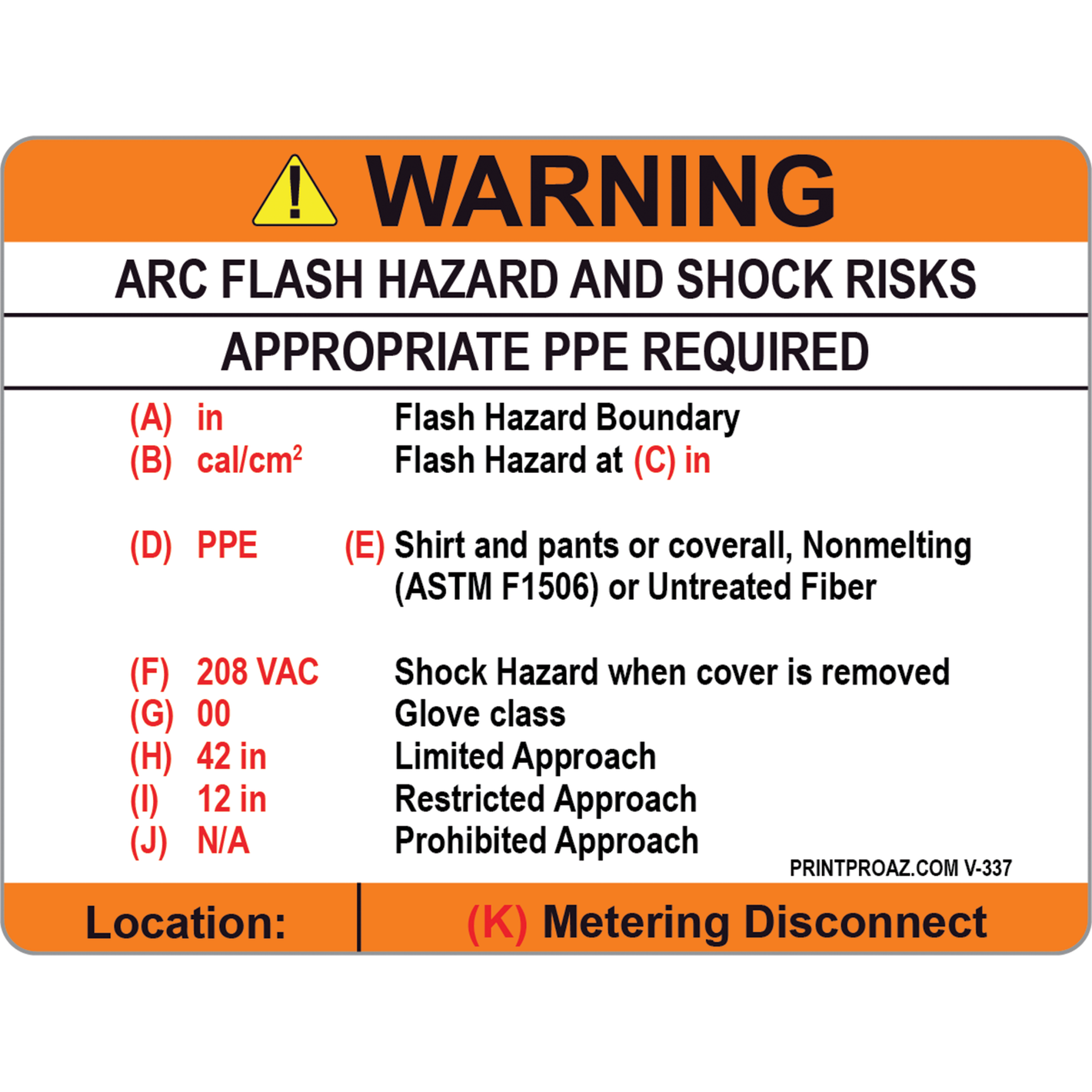 Custom Warning Arc Flash Hazard and Shock Risks Label Vinyl V-337-339 Decal